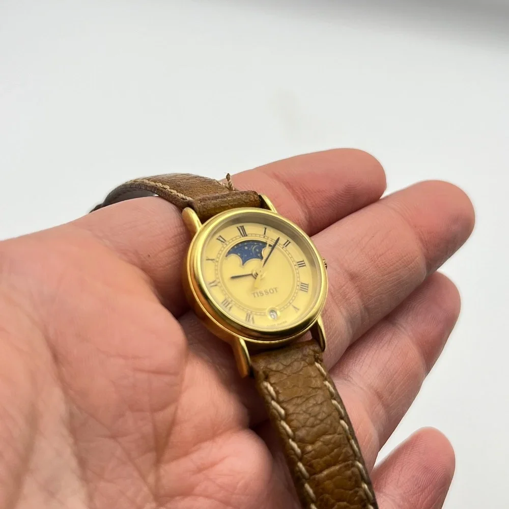Tissot C220 Moonphase Watch Date Gold Tone Roman Numeral Brown Leather Strap
